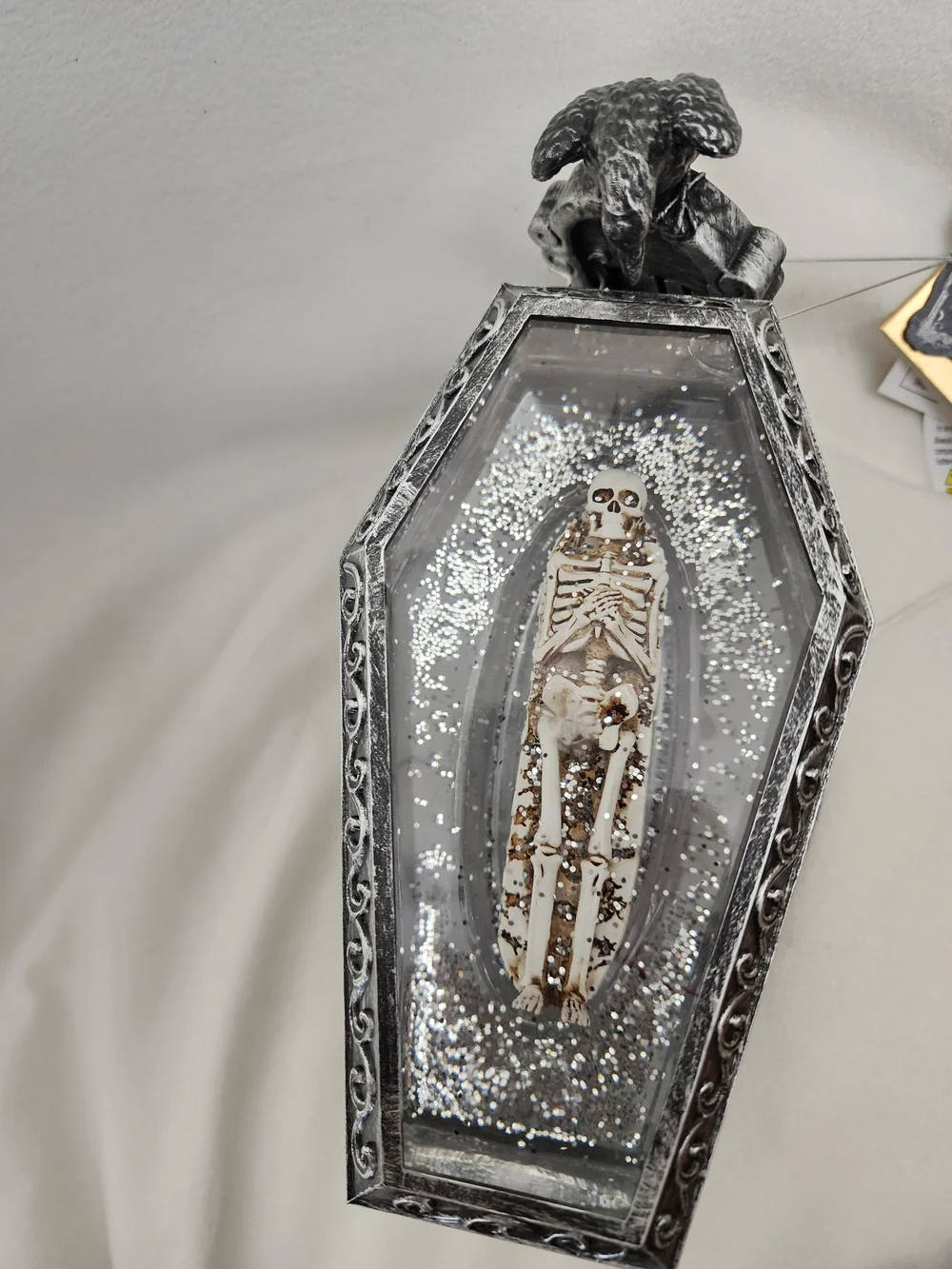 Silver Gothic Raven Glass Lightup Coffin Skeleton Décor